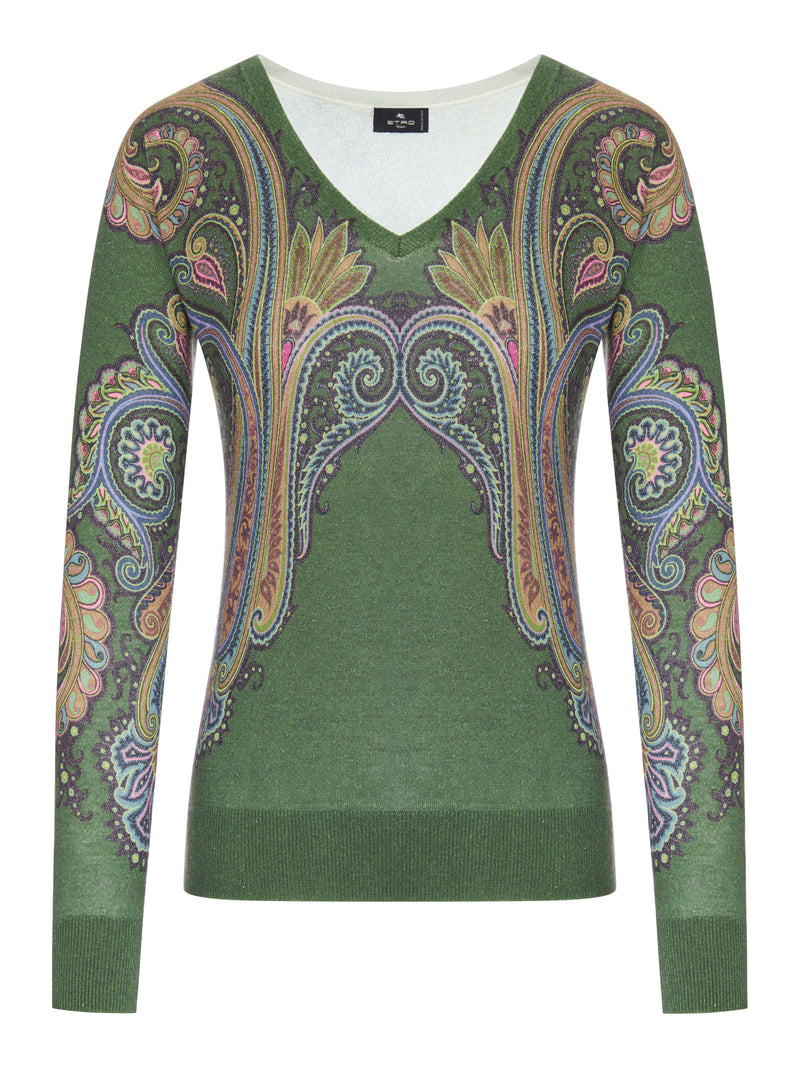 MAGLIA IN SETA E CASHMERE CON SCOLLO A V E STAMPA PAISLEY PIAZZATA