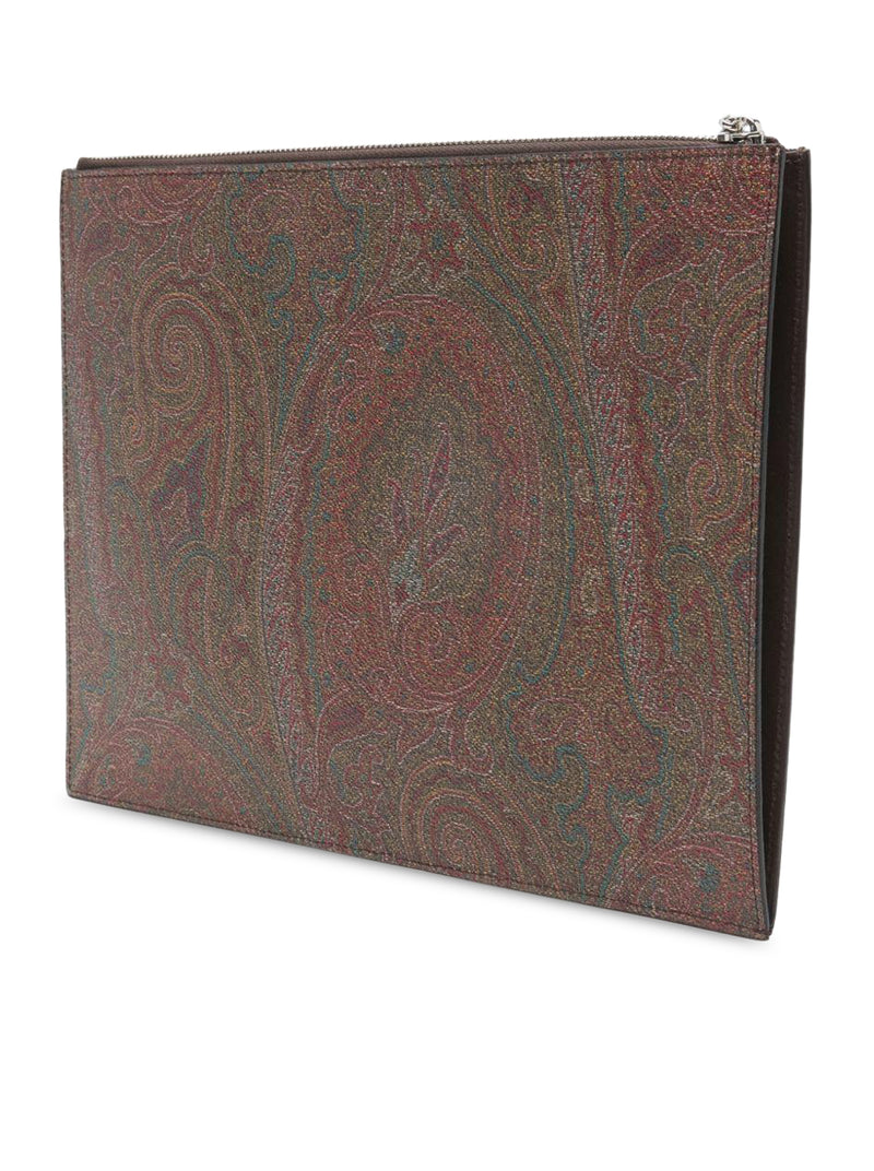 CLUTCH IN TELA PAISLEY JACQUARD MARRONE CON RICAMO LOGO SUL DAVANTI E CINTURINO DA POLSO