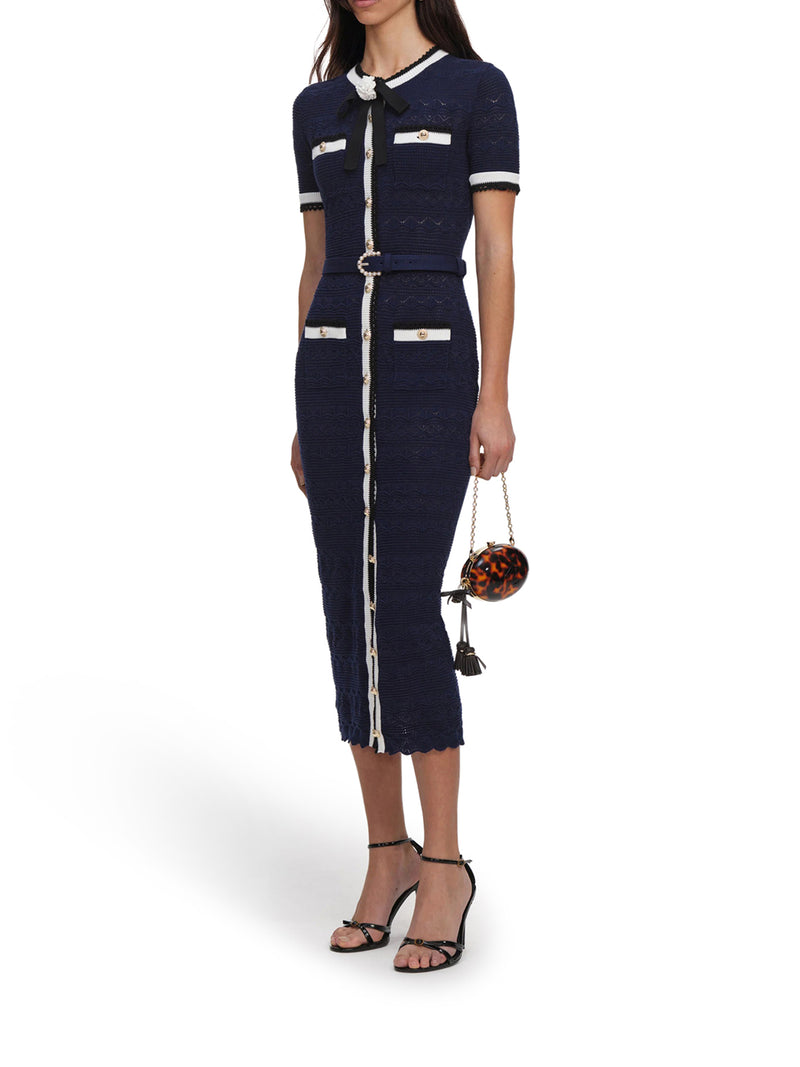 ABITO MIDI IN MAGLIA TRAFORATA BLU NAVY