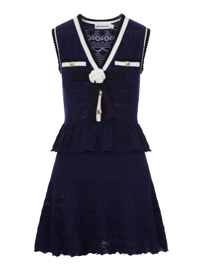 MINI ABITO IN MAGLIA TRAPUNTATA CON PUNTO A PEPLUM BLU NAVY