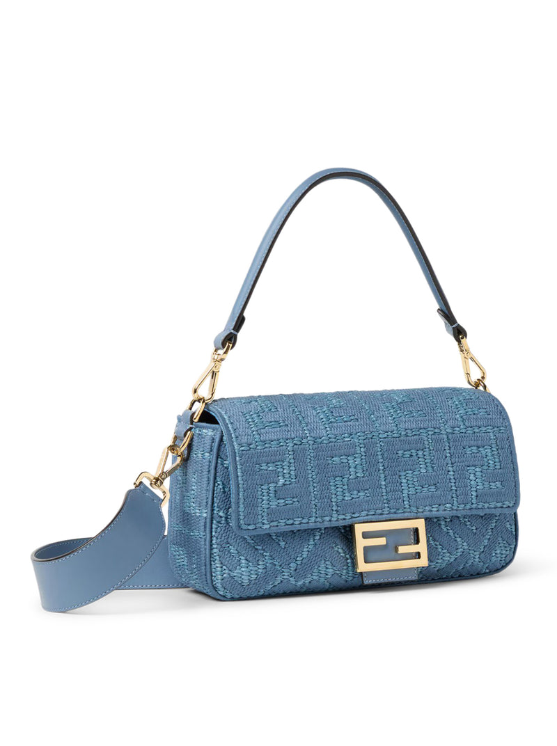 BAGUETTE BORSA IN RAFIA INTRECCIATA CON RICAMO FF BLU