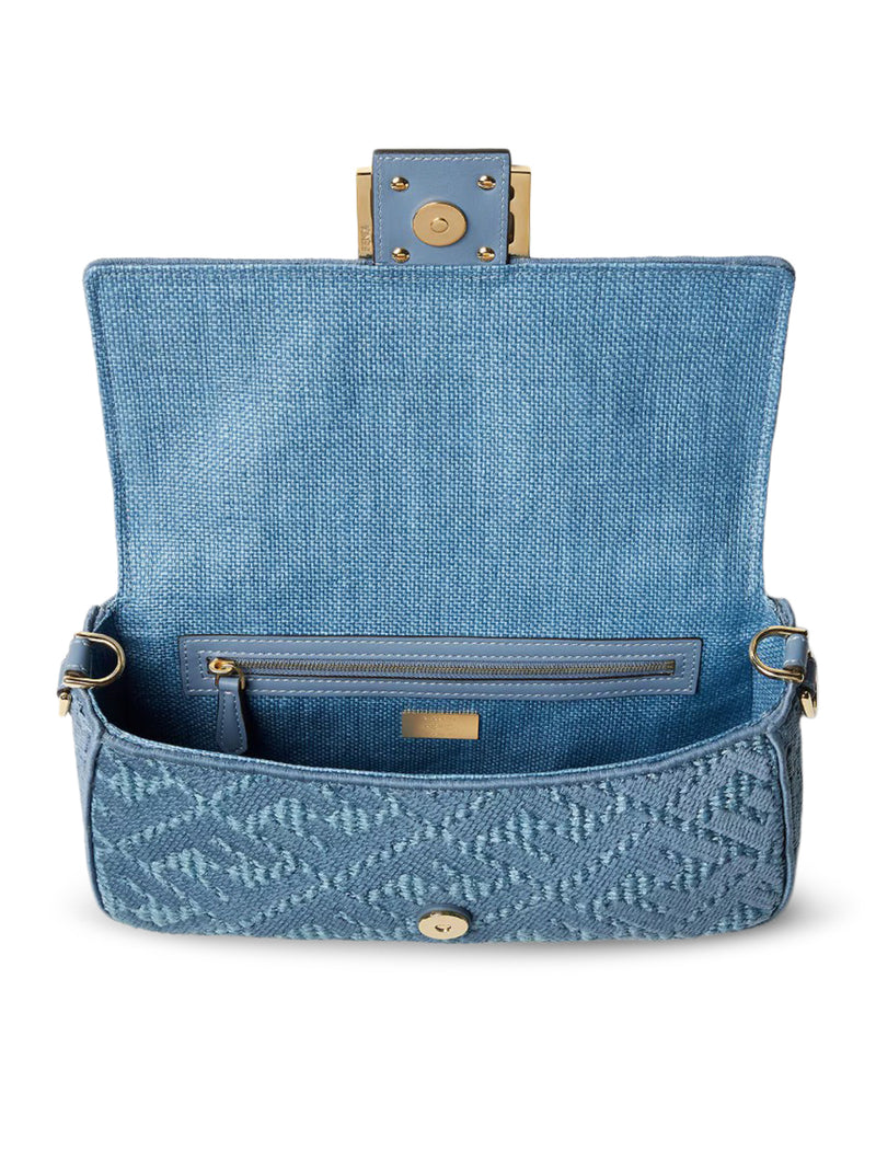 BAGUETTE BORSA IN RAFIA INTRECCIATA CON RICAMO FF BLU