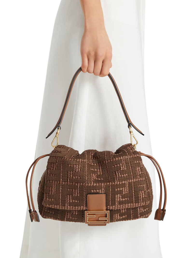 MAMMA BAGUETTE MEDIUM BORSA IN RAFIA INTRECCIATA CON RICAMO FF SELLIER