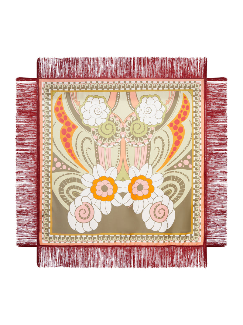 FOULARD IN SETA CON FRANGE E STAMPA ORNAMENTALE