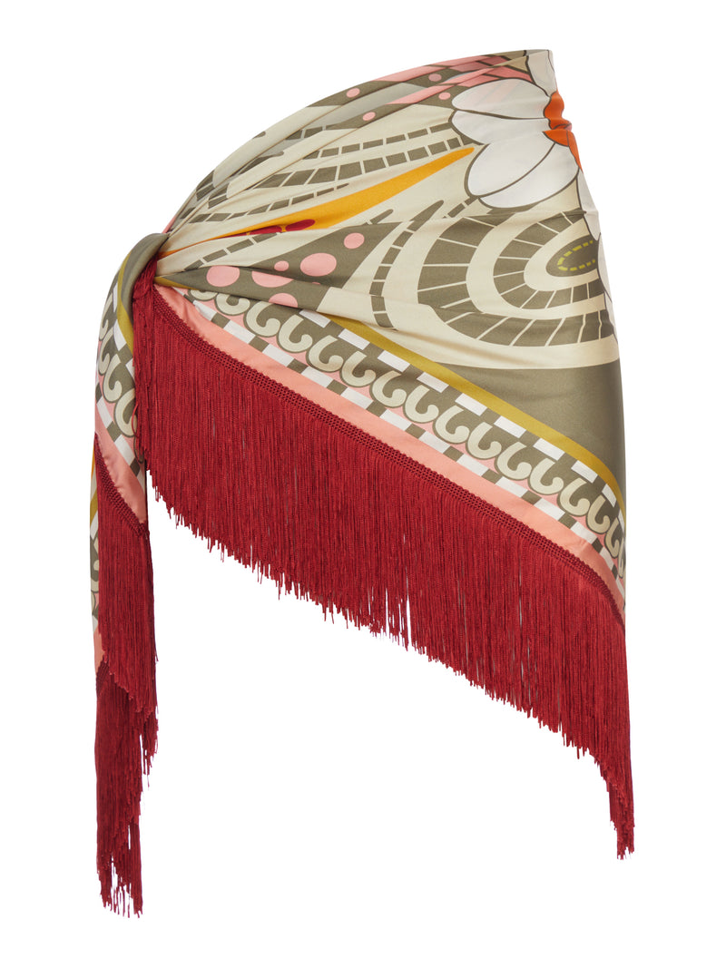 FOULARD IN SETA CON FRANGE E STAMPA ORNAMENTALE