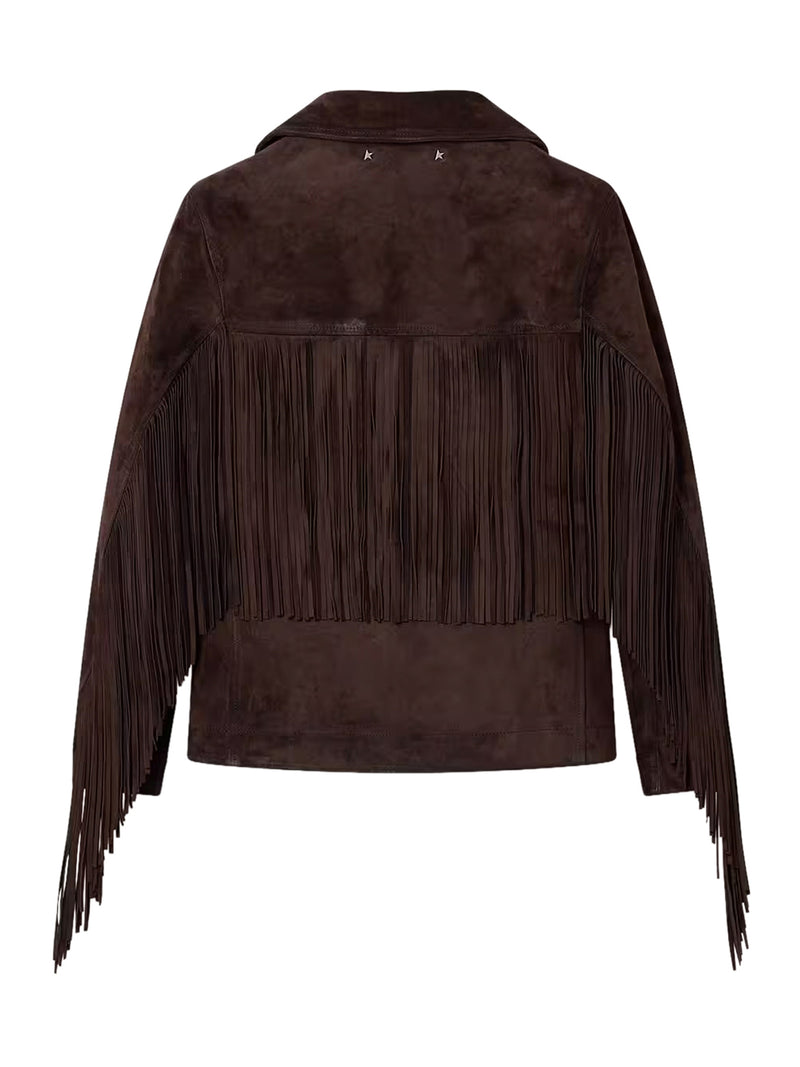 GIACCA IN PELLE MARRONE CERATA CON FRANGE