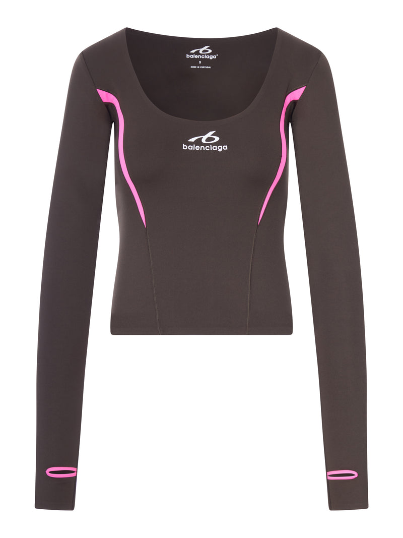 TOP A MANICHE LUNGHE TECHWEAR ADERENTE IN TESSUTO TECNICO MARRONE KAKI E ROSA FLUO