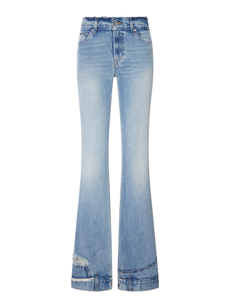 JEANS FLARE A VITA ALTA IN DENIM USED CON ORLO DECORATO
