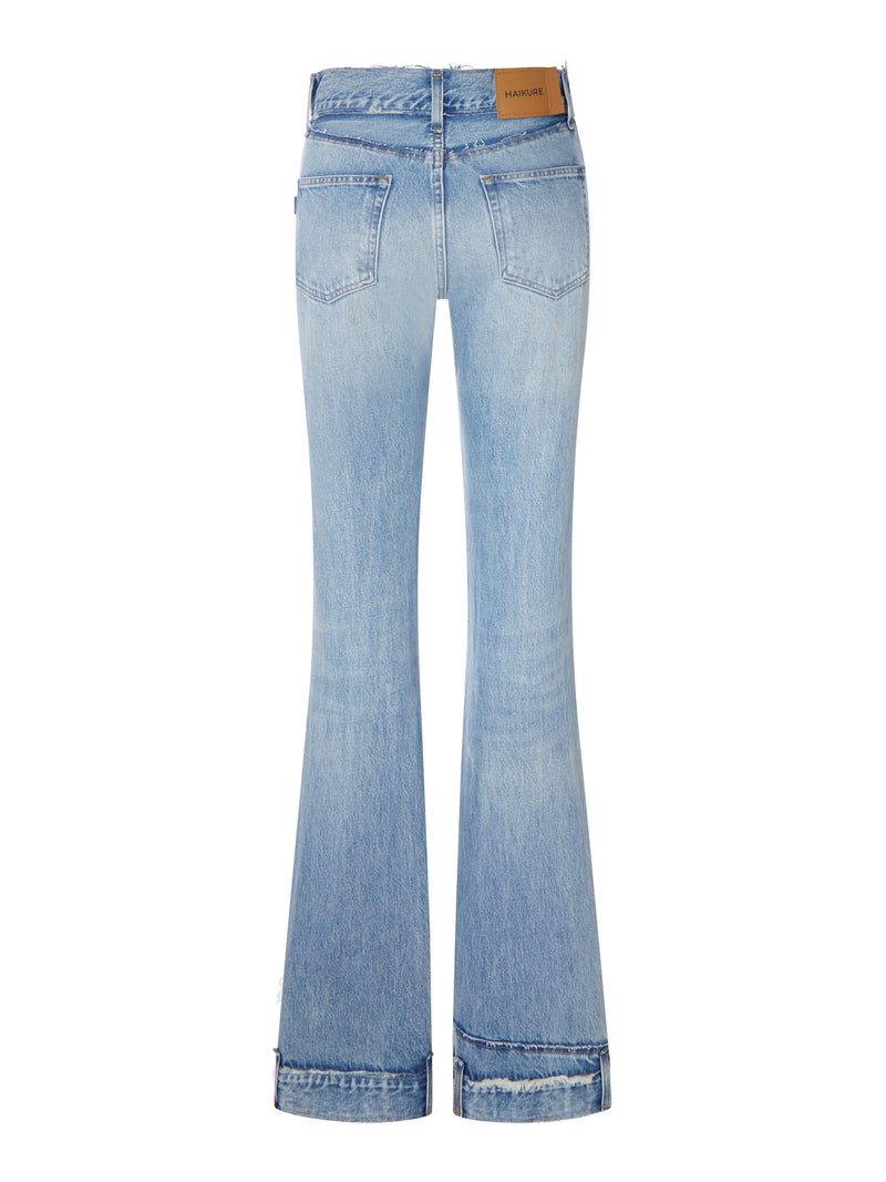 JEANS FLARE A VITA ALTA IN DENIM USED CON ORLO DECORATO