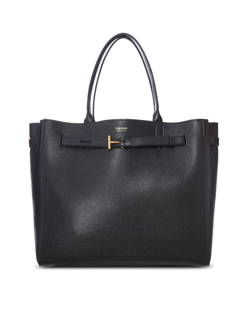 BORSA TOTE IN PELLE NERA CON DETTAGLIO T