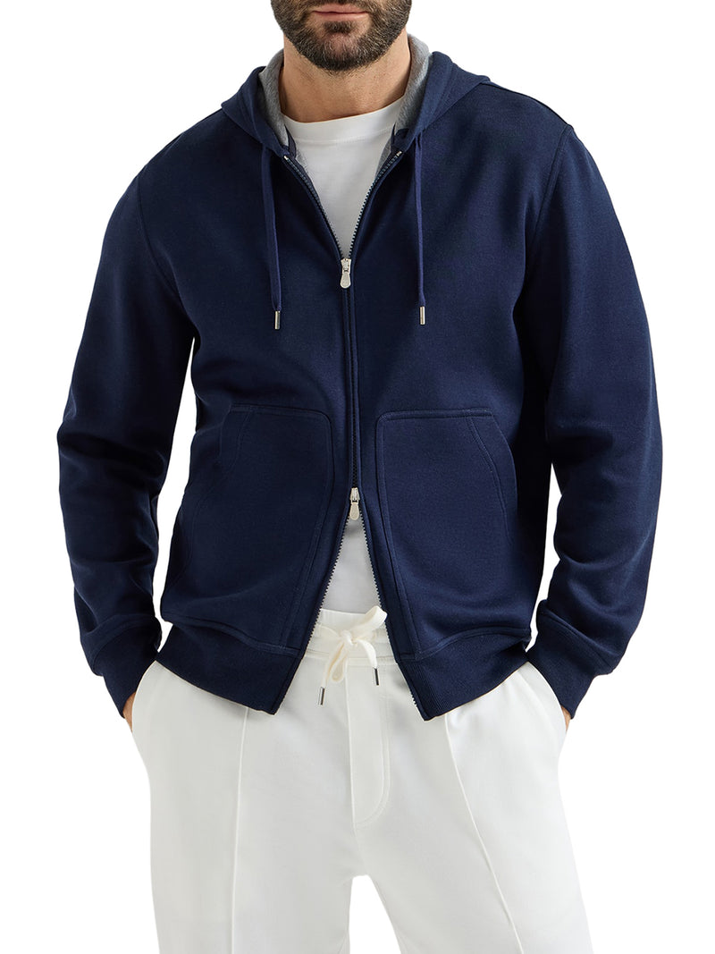 TOPWEAR IN FELPA DOUBLE DI COTONE, CASHMERE E SETA CON ZIP E CAPPUCCIO