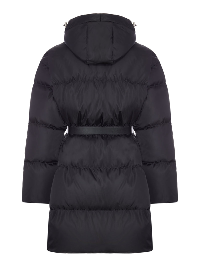 PIUMINO IN RE-NYLON CON CAPPUCCIO E CINTURA IN VITA