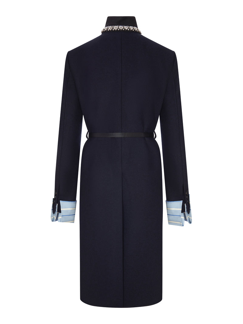 CAPPOTTO LUNGO IN LANA CON CINTURA E COLLO GIOIELLO