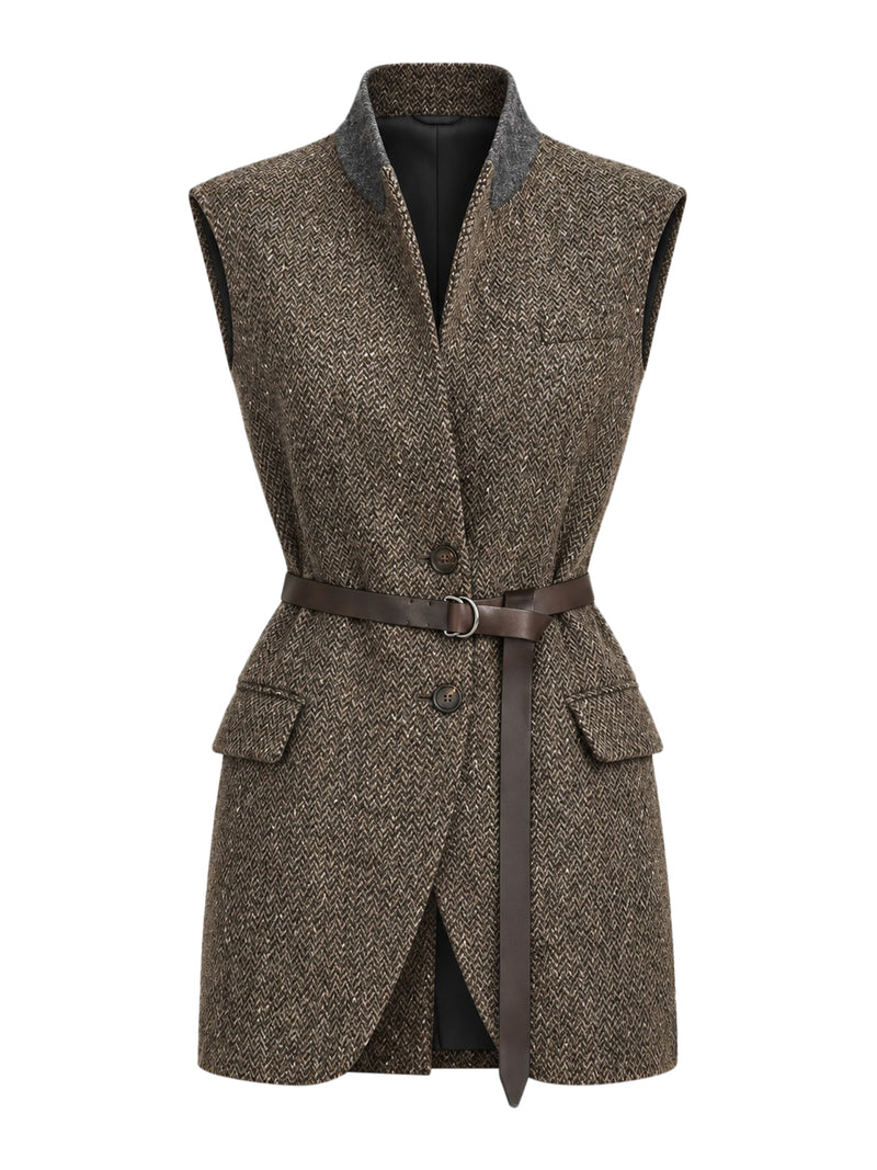 GILET IN CHEVRON DI LANA VERGINE SPARKLING CON CINTURA IN PELLE E MONILE