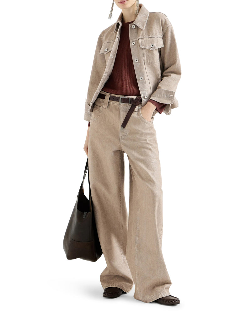 PANTALONE BAGGY IN DENIM BEIGE LAMÉ CON MONILE