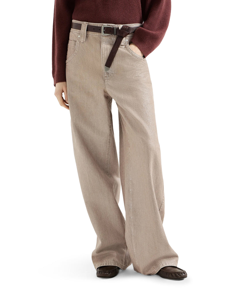 PANTALONE BAGGY IN DENIM BEIGE LAMÉ CON MONILE