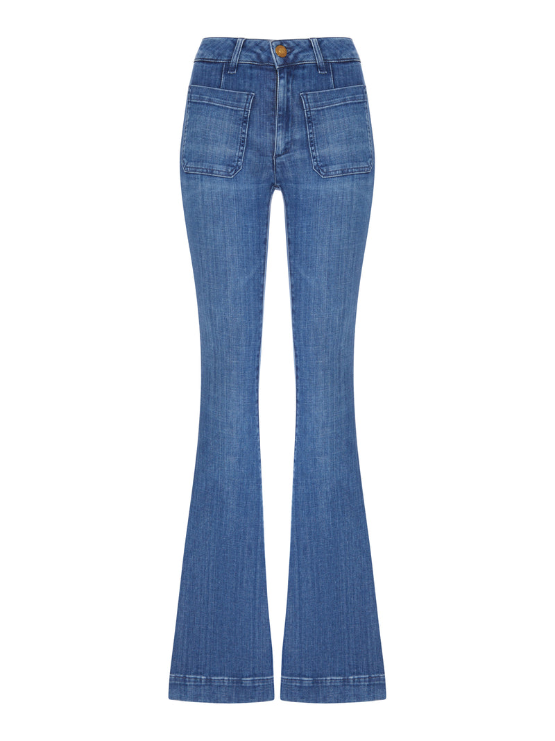 JEANS FLARE IN DENIM CON TASCHE APPLICATE