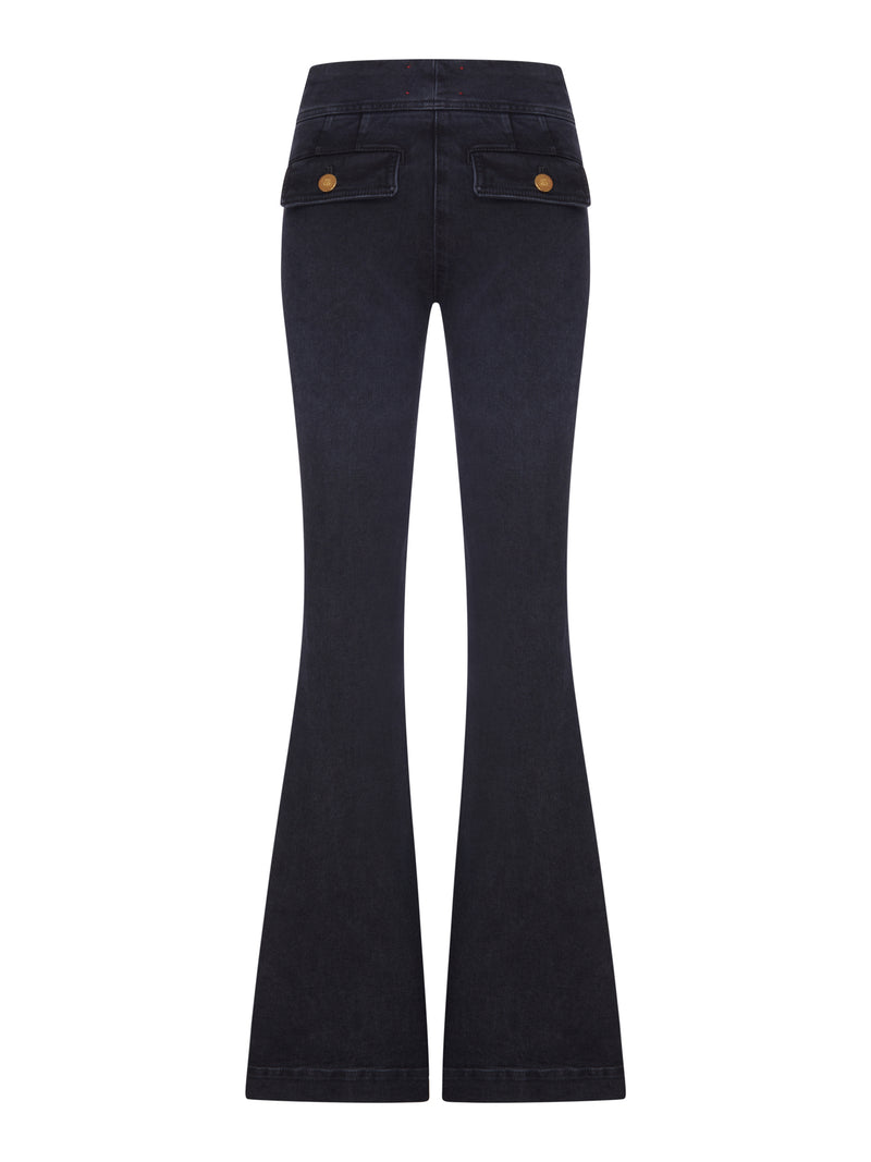 JEANS FLARE IN DENIM SCURO CON BOTTONI DORATI