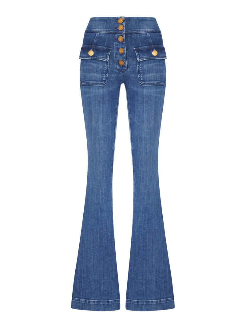 JEANS FLARE IN DENIM CON BOTTONI DORATI