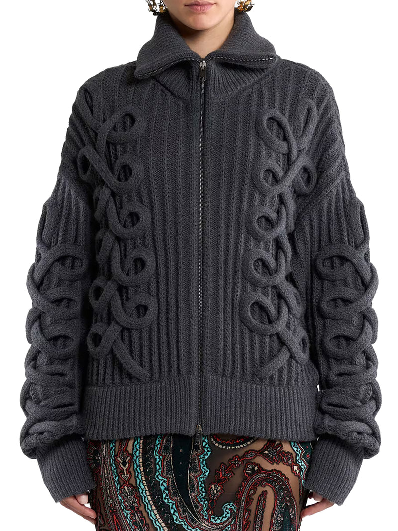 CARDIGAN IN MISTO LANA A COSTE CON ZIP E INTRECCI