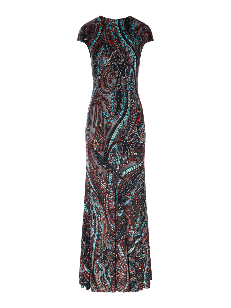 ABITO LUNGO A STAMPA PAISLEY CON MANICHE CORTE