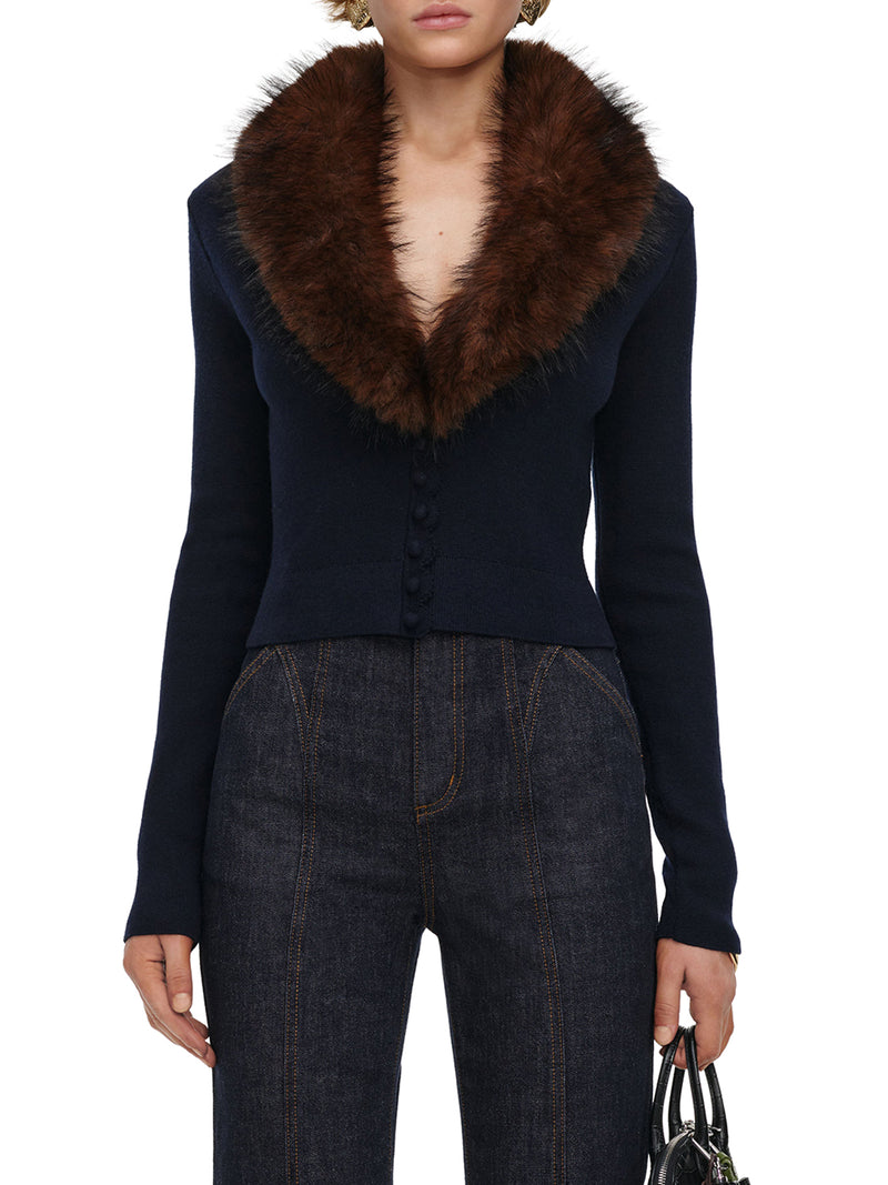 CARDIGAN CORTO IN MAGLIA CON COLLO IN ECOPELLICCIA