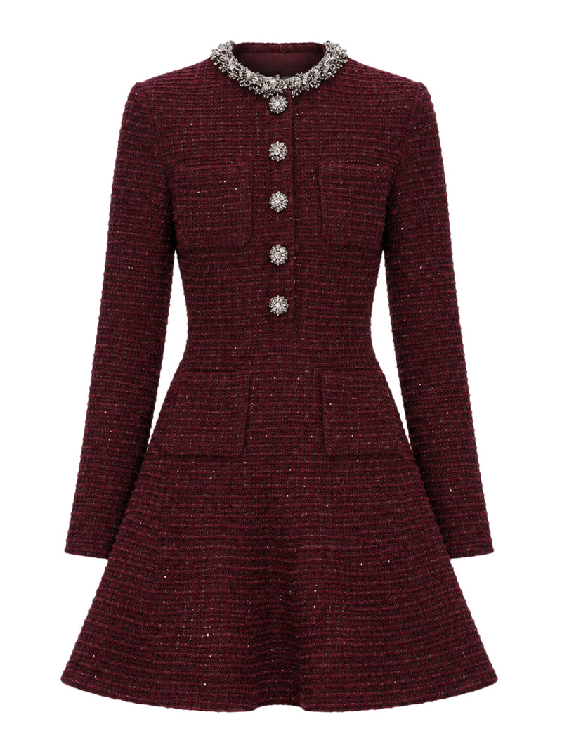 MINIABITO IN MAGLIA LAVORATA COLOR BORDEAUX CON DECORAZIONI