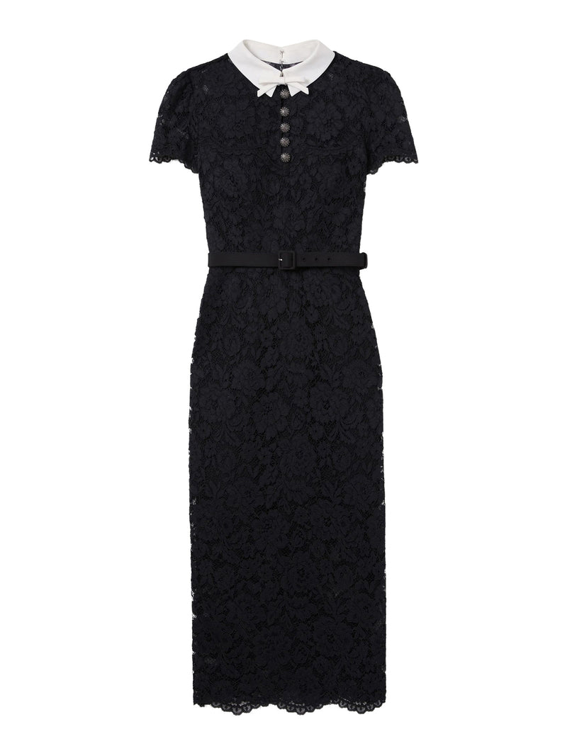 ABITO MIDI IN PIZZO NERO CON COLLETTO A CONTRASTO