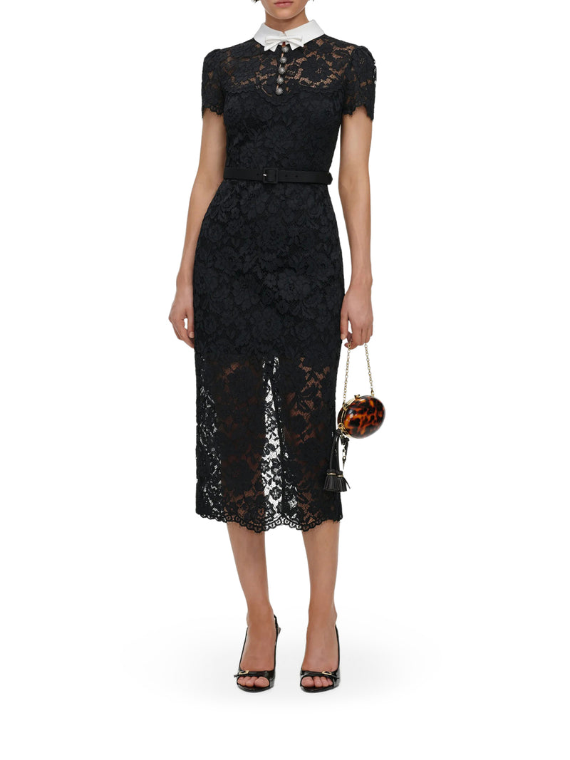 ABITO MIDI IN PIZZO NERO CON COLLETTO A CONTRASTO