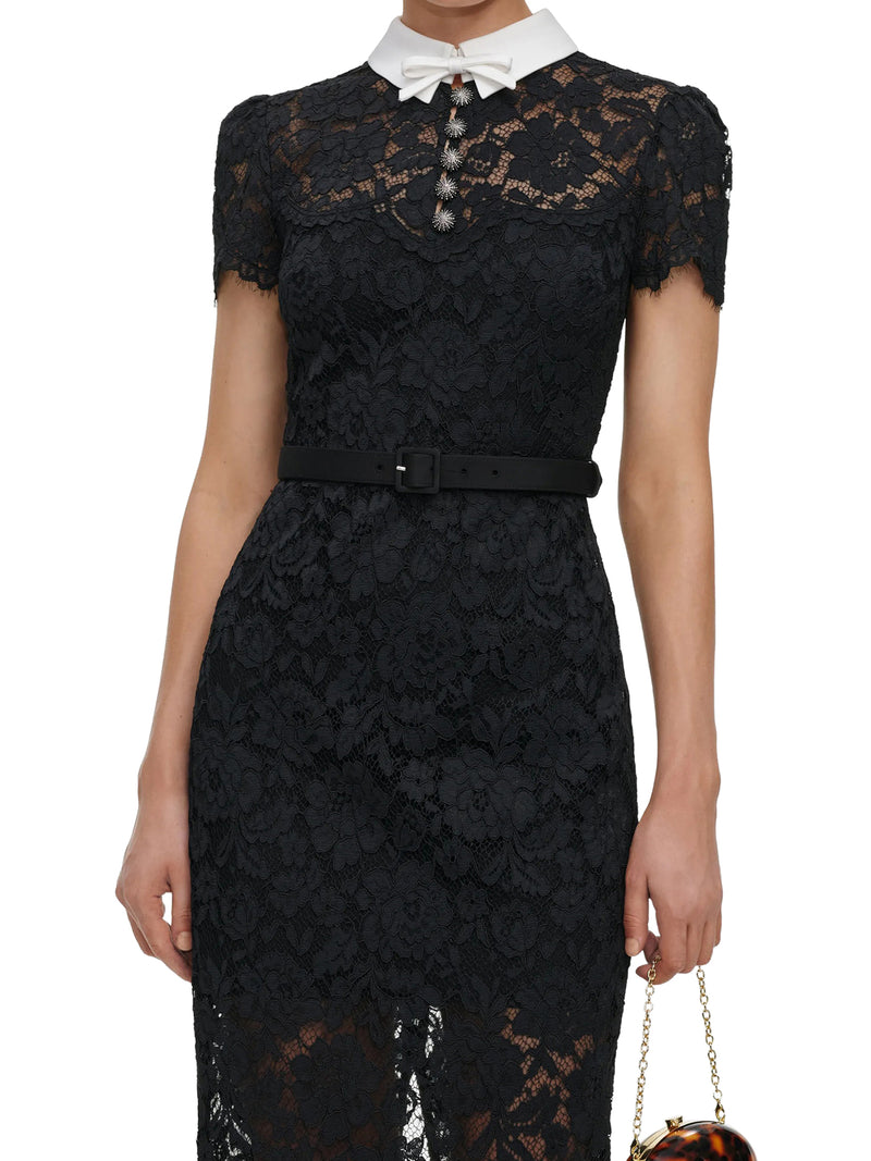 ABITO MIDI IN PIZZO NERO CON COLLETTO A CONTRASTO