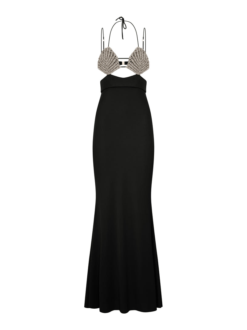 ABITO LUNGO CON COPPE IN CRISTALLI E DETTAGLI CUT-OUT