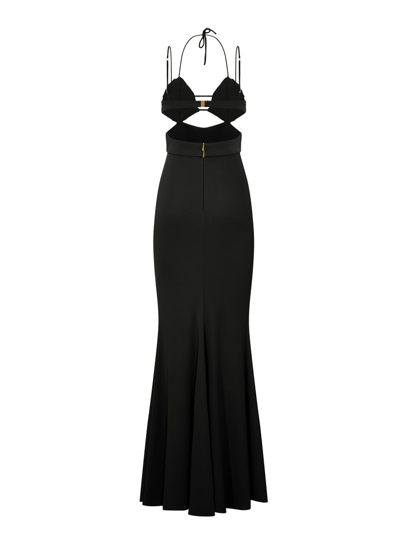 ABITO LUNGO CON COPPE IN CRISTALLI E DETTAGLI CUT-OUT