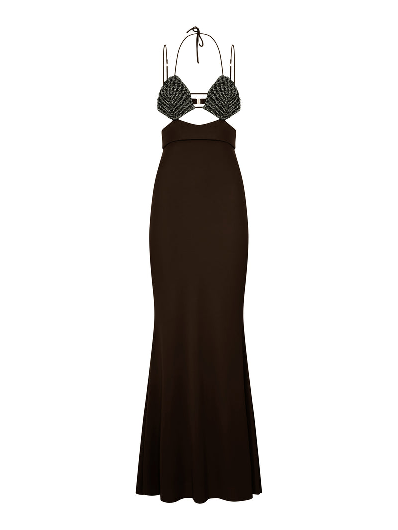 ABITO LUNGO CON COPPE IN CRISTALLI E DETTAGLI CUT-OUT