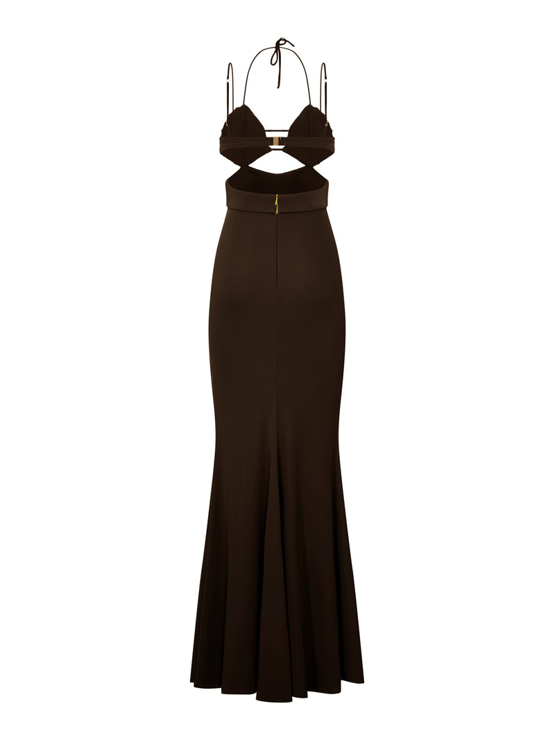 ABITO LUNGO CON COPPE IN CRISTALLI E DETTAGLI CUT-OUT