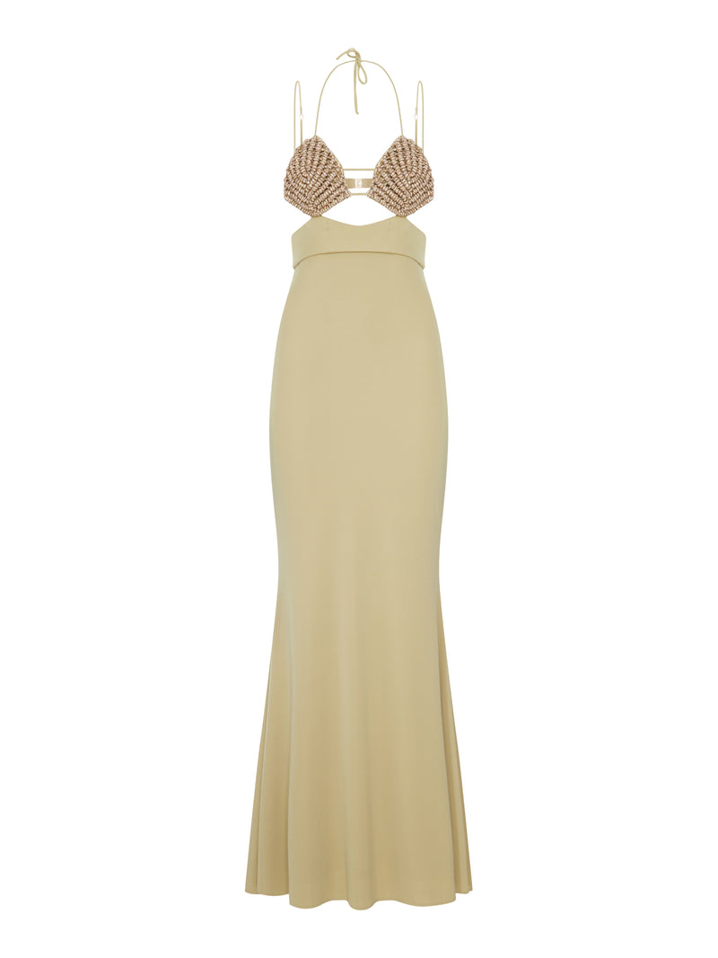 ABITO LUNGO CON COPPE IN CRISTALLI E DETTAGLI CUT-OUT