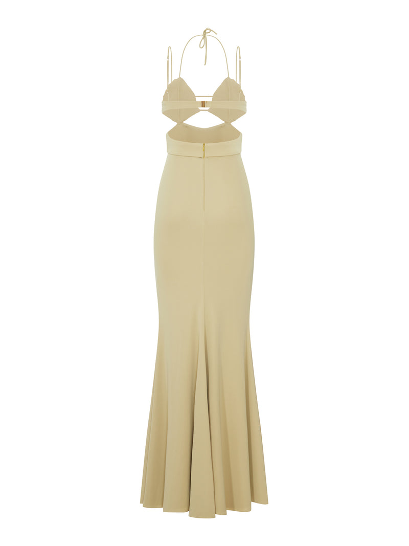 ABITO LUNGO CON COPPE IN CRISTALLI E DETTAGLI CUT-OUT