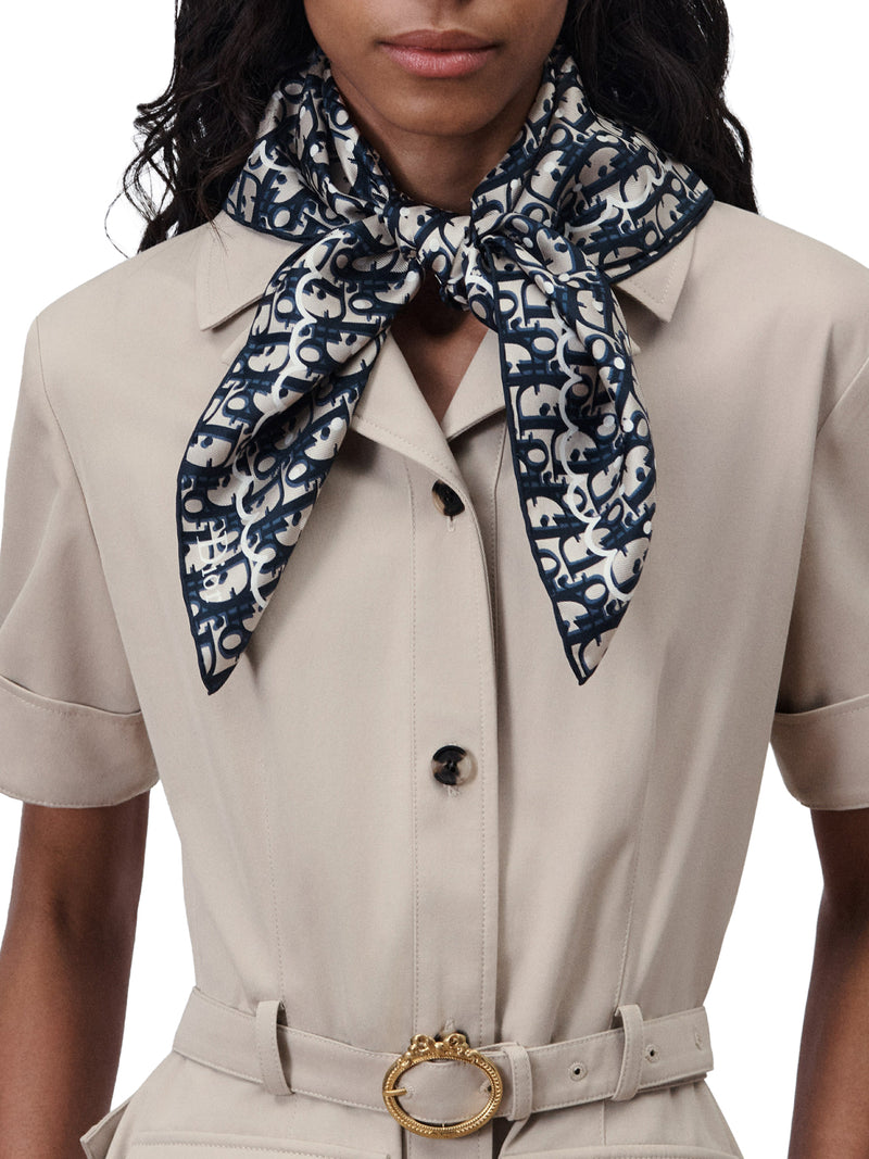 FOULARD QUADRATO POLKADIOR OBLIQUE IN TWILL DI SETA BLU NAVY E BEIGE