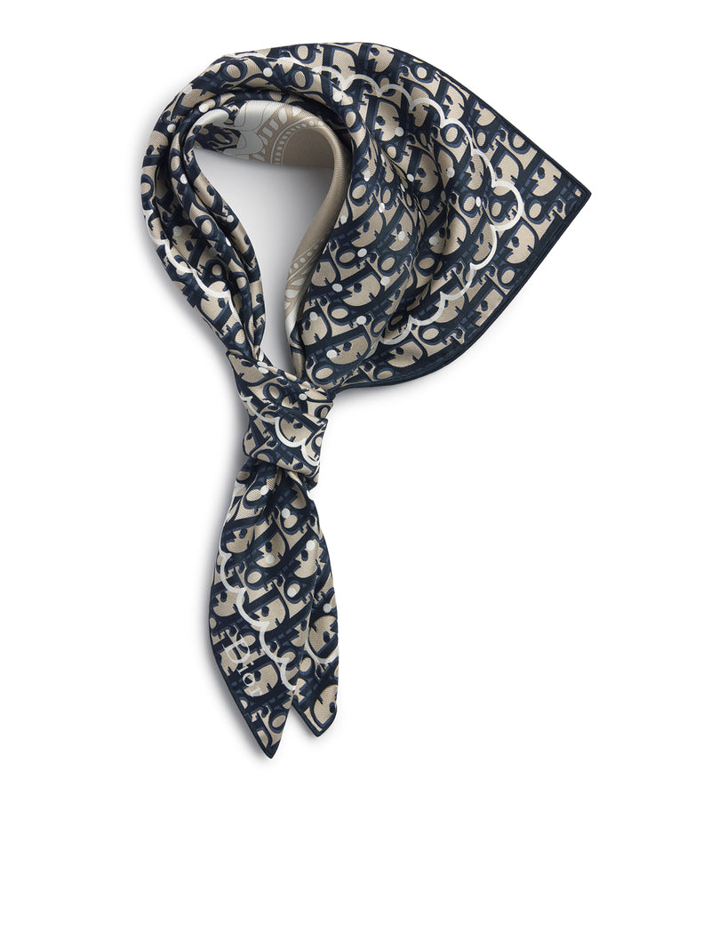 FOULARD QUADRATO POLKADIOR OBLIQUE IN TWILL DI SETA BLU NAVY E BEIGE