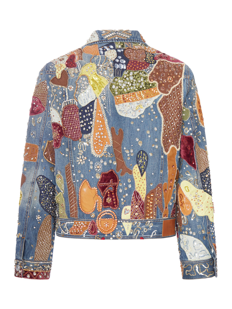 GIACCA IN DENIM RICAMATA E DECORATA CON APPLICAZIONI GIOIELLO