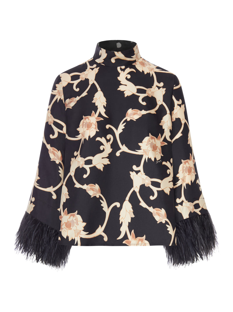 BLUSA STAMPATA CON COLLO ALTO E POLSINI IN PIUME