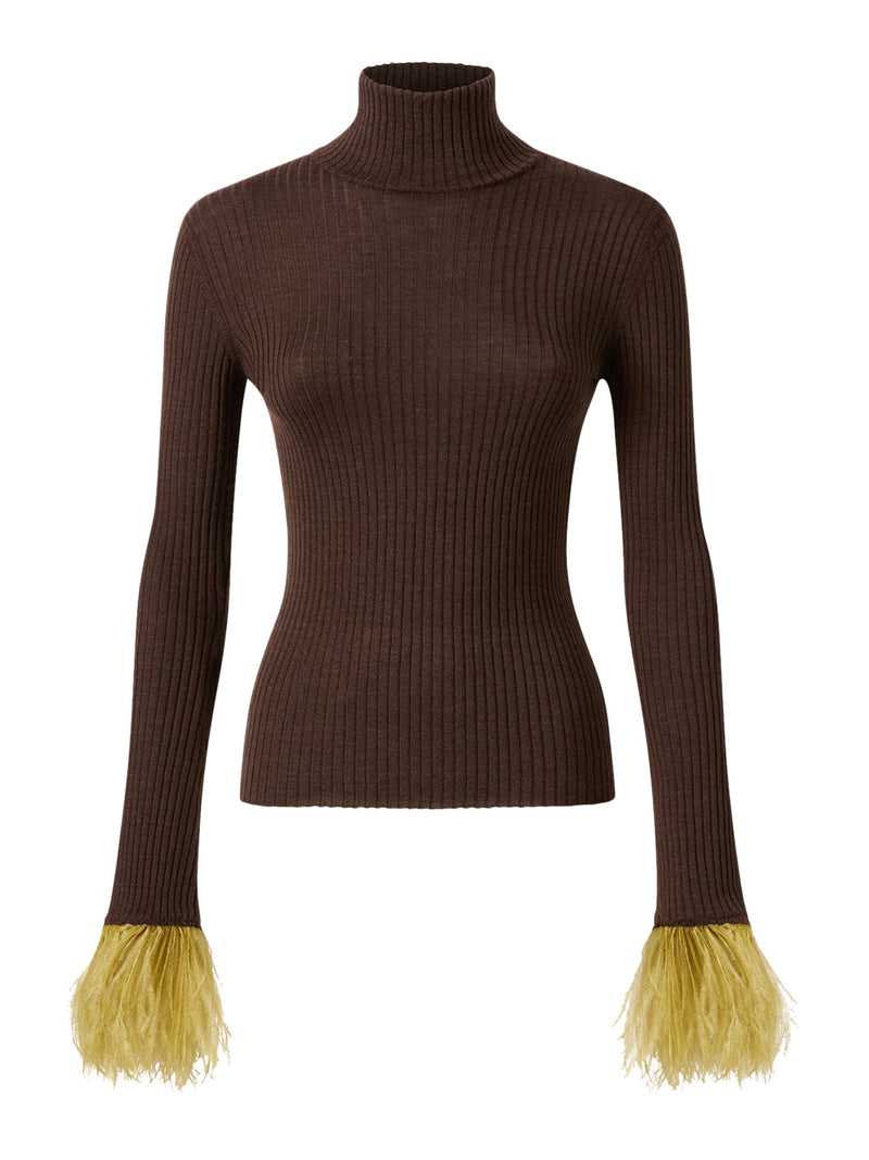 MAGLIA A COLLO ALTO IN CASHMERE DI SETA A COSTE CON PIUME