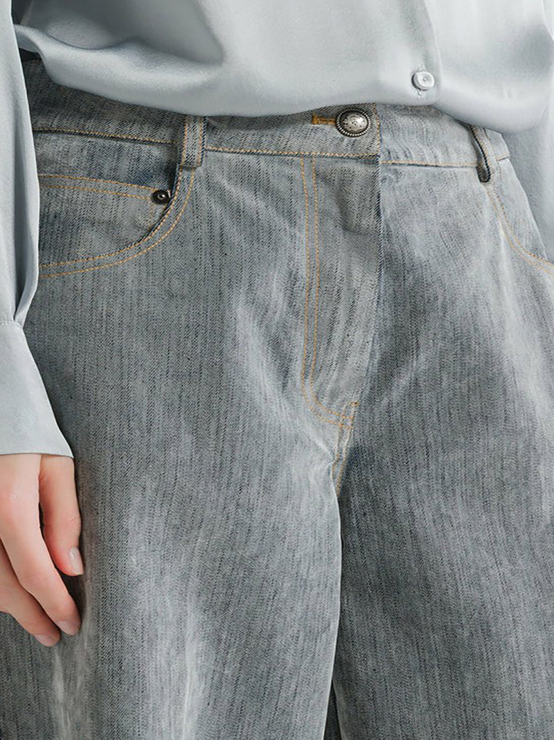 JEANS A GAMBA LARGA IN DENIM FLOCCATO GRIGIO