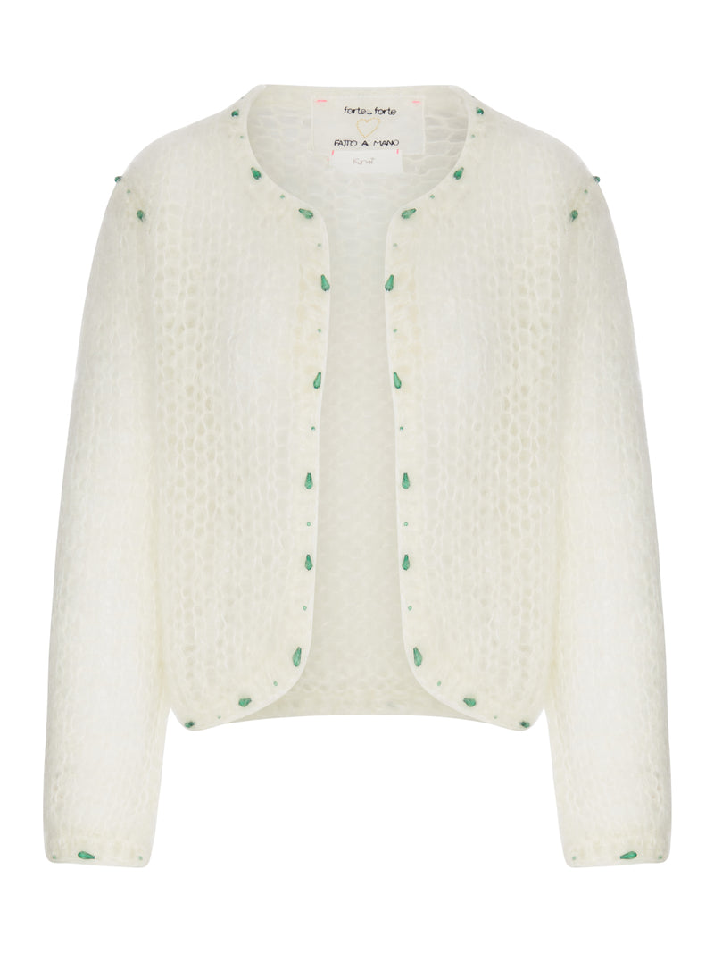 CARDIGAN CORTO IN MAGLIA TRAFORATA CON RICAMI