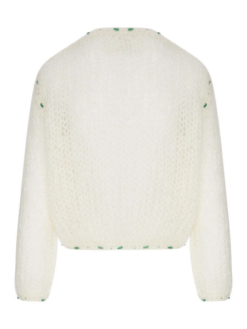 CARDIGAN CORTO IN MAGLIA TRAFORATA CON RICAMI