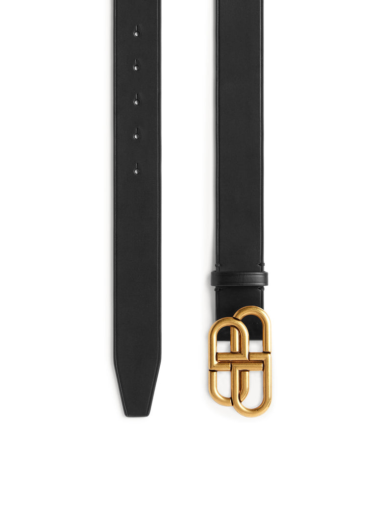 CINTURA SOTTILE BB IN PELLE DI VITELLO NERA CON FINITURE ORO ANTICATO