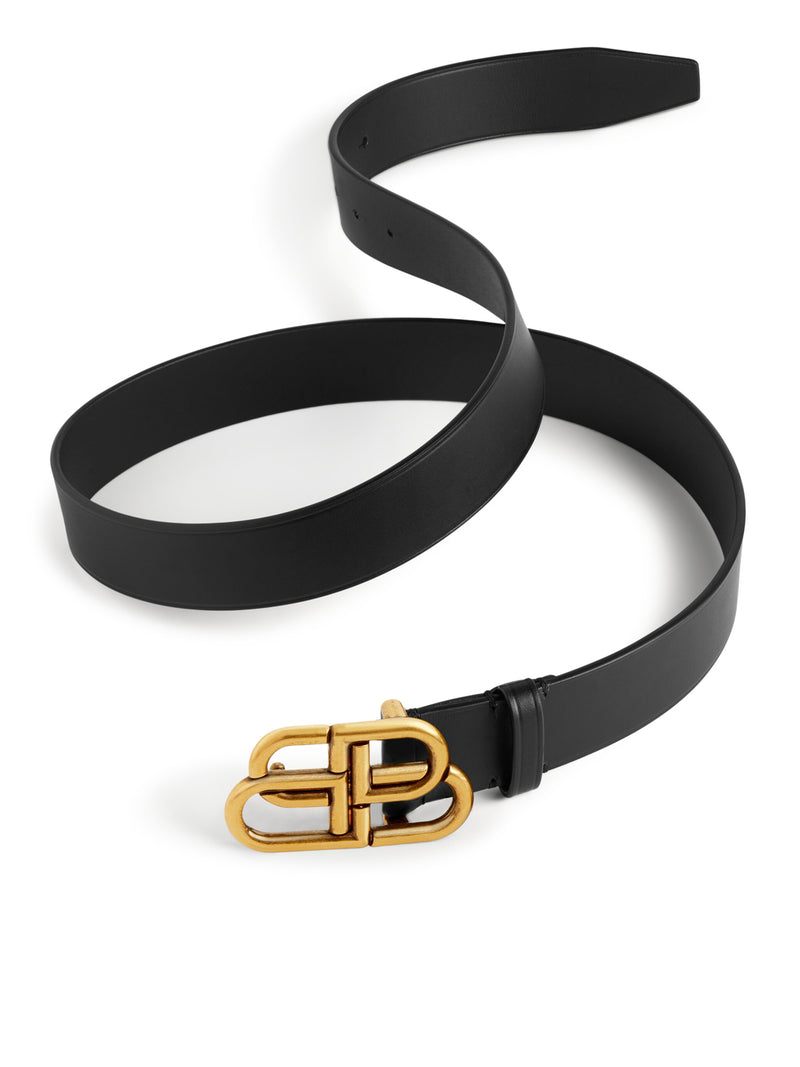 CINTURA SOTTILE BB IN PELLE DI VITELLO NERA CON FINITURE ORO ANTICATO