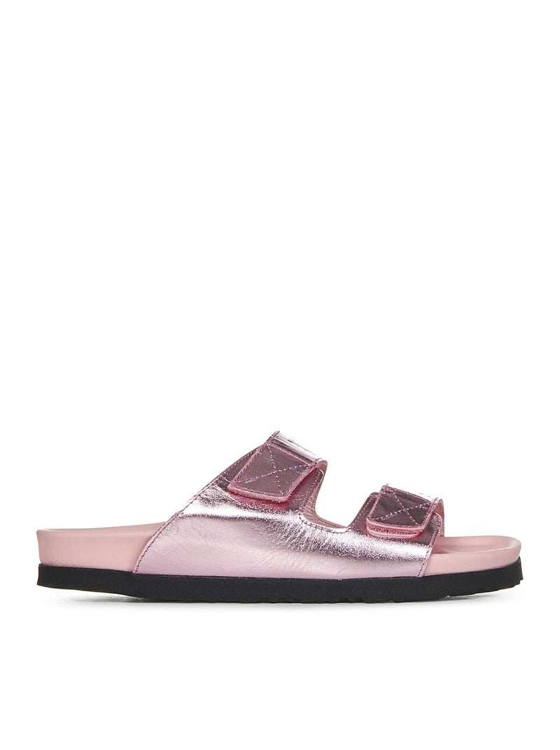 Sandali slide rosa in pelle metallizzata con doppio cinturino con stampa logo