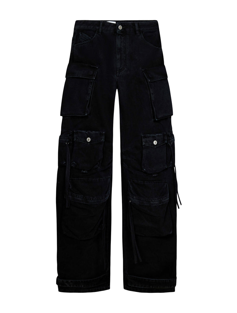 Pantalone cargo `Fern` in denim nero con multitasche e taglio a gamba ampia.