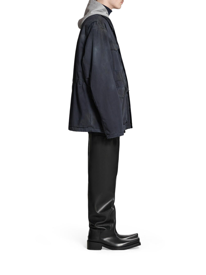 Parka Workwear Double B in gabardine stretch blu scuro e pile ricciolo medio grigio
