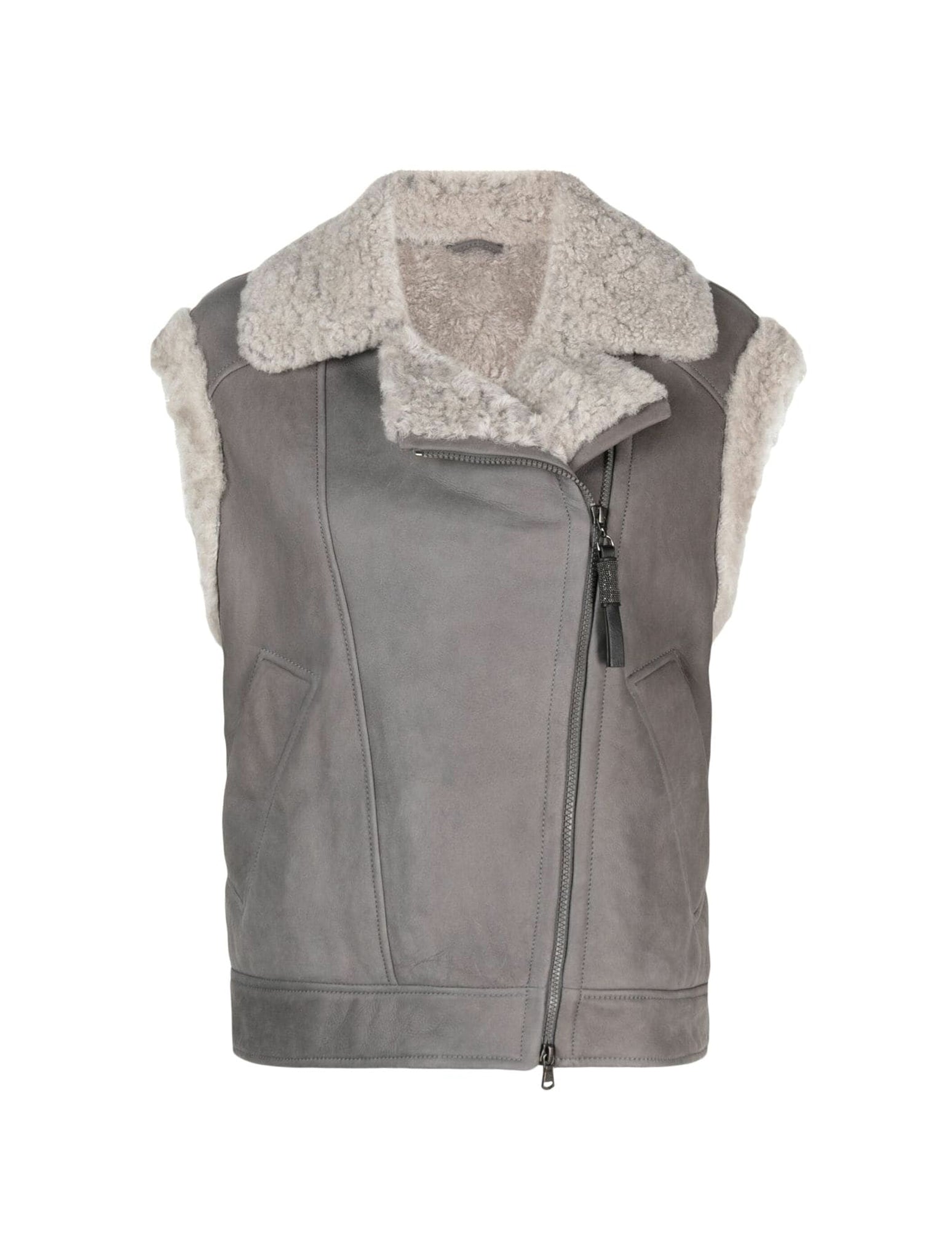 gilet con zip e finiture in shearling
